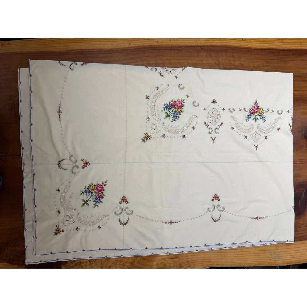 Vintage Hand Embroidered Cross Stitch Tablecloth Cotton Floral Crochet lace BB14